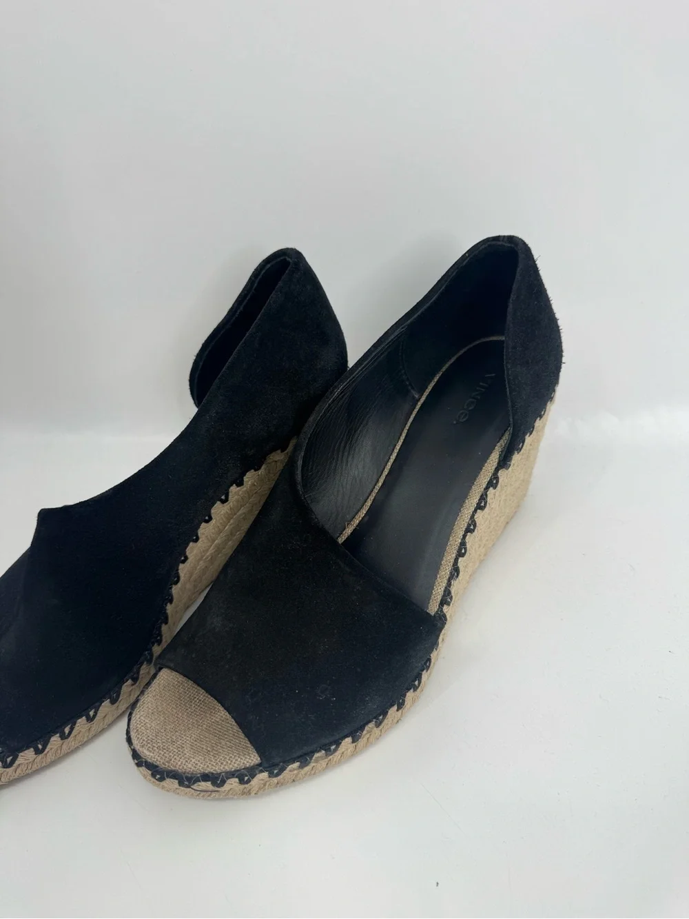Vince Sonora Espadrille Wedge Heel Sandals Peep Toe Black Womens Size 9.5M